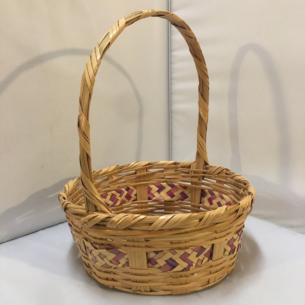 Vintage Mexican Woven Basket Handle Natural Purple‎ Handcrafted Easter Holiday